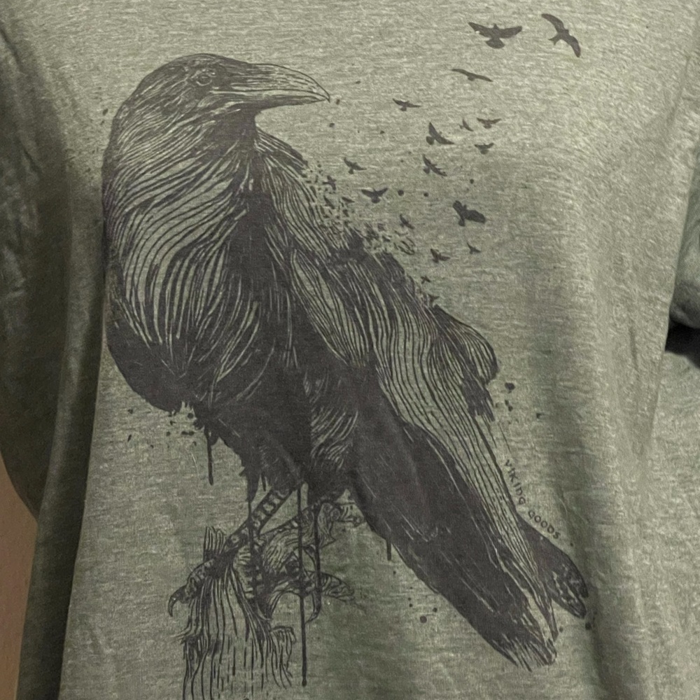 Crow Raven Print T-shirt Green Large